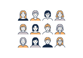 オレンジ系の女性のイラスト、アイコンセット
