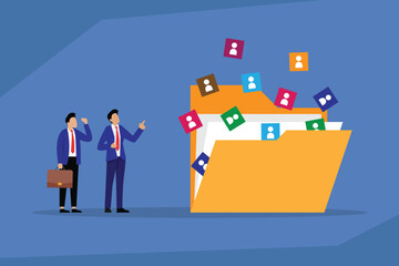 Business People Looking at User Profile Boxes Coming Out of a Folder 2d flat vector illustration