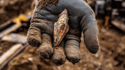 A gloved hand holds a weathered, pointed metal artifact against a blurred, earthy background, indicative of an archaeological dig site or excavation process.