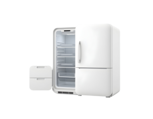 White refrigerator with open door and drawers isolated on transparent background