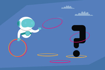Cute Robot Throwing Hoops Around a Question Mark 2d flat vector illustration