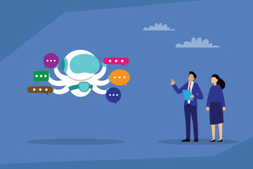 Business People Looking at a Robot with Multiple Chat Bubbles 2d flat vector illustration