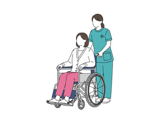 Vector illustration of nurse assisting a patient in a wheelchair isolated on white background
