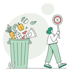 Person with incorrect sign near overflowing trash bin with food illustration