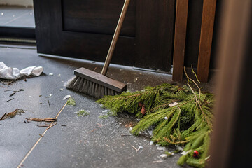 Messy Entryway with Fallen Pine Branches, Discarded Wrapping Paper, and a Sweeper Ready to Clean Up After Holiday Celebrations
