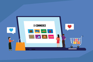 E-commerce and Online Shopping with a Laptop, Shopping Cart, and Customers 2d flat vector illustration