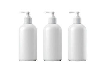 Three identical white plastic bottles with pump dispensers