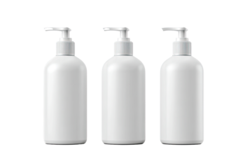 Three identical white plastic bottles with pump dispensers