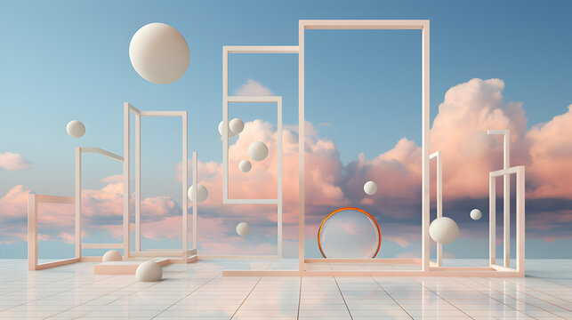 Surreal dreamscape with floating spheres and geometric frames against a pastel sky - Powered by Adobe