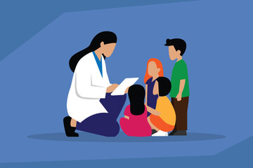 Pediatrician Doctor Consulting with a Group of Children 2d flat vector illustration