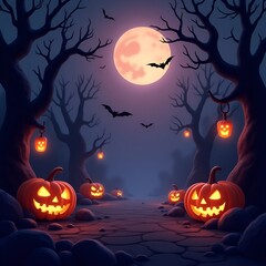 Fototapeta premium Spooky Dark Halloween Night Background with Glowing Pumpkins and Fog
