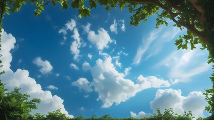 Obraz premium Bright Sky and Clouds Framed by Green Tree Leaves