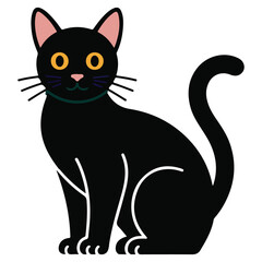 A charming cartoon illustration of a sleek black cat with bright yellow eyes sitting attentively and looking forward