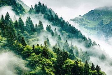 Misty mountainside with lush green forests