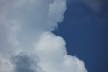 Expansive blue sky with fluffy white and grey cloud formations, creating a dynamic and serene natural atmosphere.