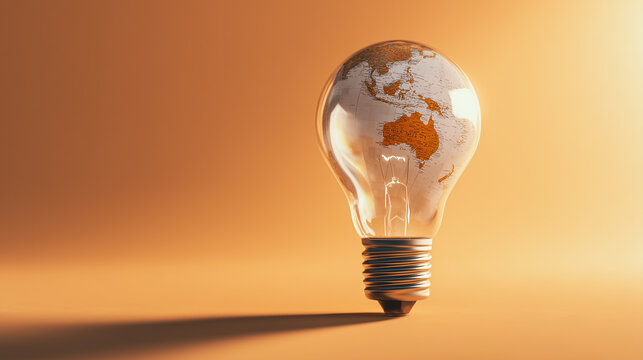 A light bulb is set against an orange background, with a globe map printed on its surface. Continents are visible, representing the concept of global illumination or ideas.