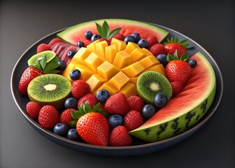 Colorful Fruit Platter with Mango, Watermelon, Berries and Kiwi on Dark Plate fruit salad