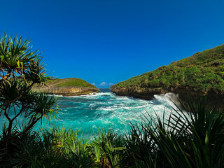 Ocean's Embrace: The pristine turquoise waters of the ocean crashing against verdant cliffs under a clear blue sky create a breathtaking spectacle.