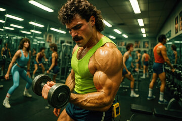 80s Muscle Glory: A Strong Man With Voluminous Hair and Mustache Holds Heavy Weights in a Retro Gym Scene Full of Energy.