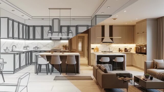 Timelapse style overlay showing creative kitchen draft transforming into elegant home interior.
