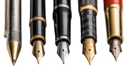 Close-Up of Writing Tools Including Mechanical Pencil and Fountain Pen on Transparent Background
