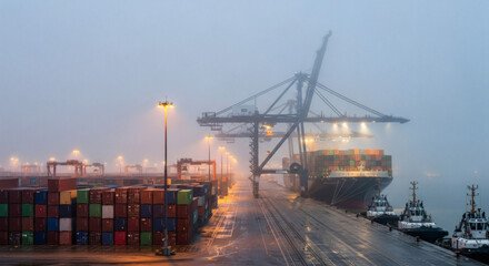 Shipping containers with U.S. and Chinese flags at the Port of Los Angeles, tense atmosphere, foggy morning