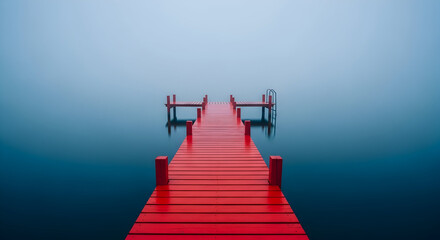 Obraz premium Striking Red Wooden Pier Stretching into a Serene, Foggy Lake or Sea with a Blue Gradient Sky, Creating a Minimalist and Mysterious Landscape, Evoking Solitude and Tranquility