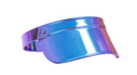 A vibrant, iridescent visor, angled slightly.  The visor's  metallic surface shimmers with a mix of purple and blue hues.  A subtle band encircles the visor's base