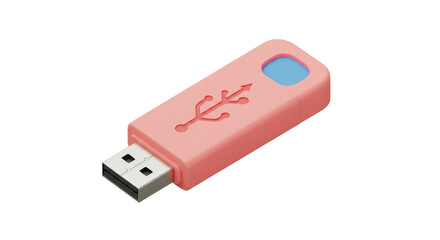 Isolated 3D Render of a Stylish Pink USB Flash Drive with a Blue Data Transfer Icon, Representing Digital Storage