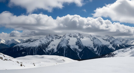 Panoramic View of a Majestic Snow-Capped Mountain Range Under a Dynamic Sky with Fluffy White Clouds, Capturing the Grandeur of Winter Landscapes and Alpine Scenery

