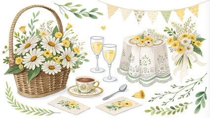 Delicate fall wedding illustration featuring a daisy bouquet, tea set, champagne glasses, and festive table decor. Perfect for invitations, event branding, and romantic autumn celebrations.