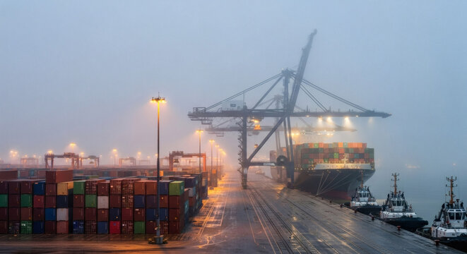 Shipping containers with U.S. and Chinese flags at the Port of Los Angeles, tense atmosphere, foggy morning
