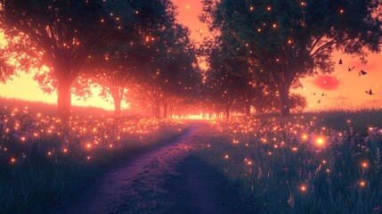 Enchanted forest path at sunset