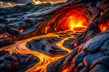 Fiery molten lava flowing through a volcanic landscape with glowing embers and dark rocky formations under a dramatic twilight sky