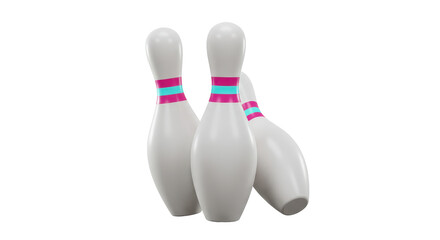 Isolated 3D Render of Three White Bowling Pins with Pink and Blue Stripes, Ready for a Game