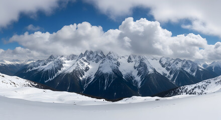Panoramic View of a Majestic Snow-Capped Mountain Range Under a Dynamic Sky with Fluffy White Clouds, Capturing the Grandeur of Winter Landscapes and Alpine Scenery

