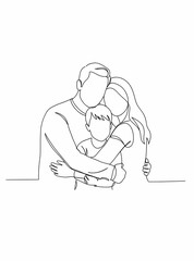 Minimalist line art of a family hugging isolated on white background