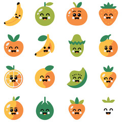 Fototapeta premium Collection of cute and colorful cartoon fruits with expressive faces and funny emotions on a white background