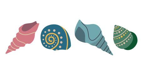 Colorful vector illustration featuring four unique seashell designs with intricate patterns and vibrant colors. Ideal for marine themed projects and creative designs