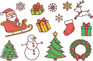 Cute christmas icons featuring santa claus reindeer snowman and gifts