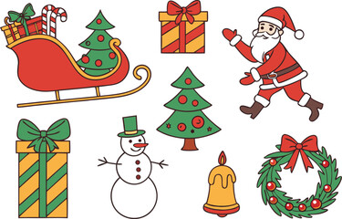Christmas icons featuring santa claus sleigh snowman and gifts