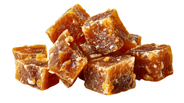 Brown sugar cubes stacked on each other with a transparent background