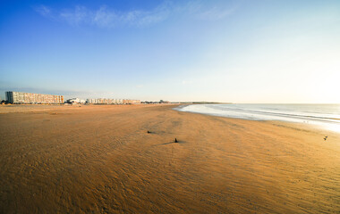 View of the beach and surrounding landscape on the coast near Calais.
