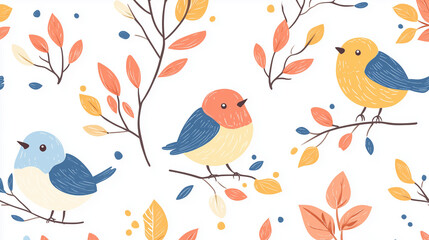 かわいいシームレスパターン カートゥーンの鳥と秋の葉