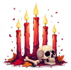 Halloween burning candles with bones, spiders, leaves and skulls around