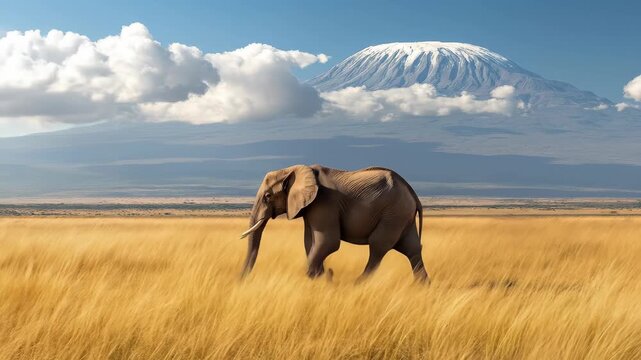 An elephant strides across the savanna, with majestic Mount Kilimanjaro providing an iconic African backdrop. A scenic representation of wildlife in a tranquil landscape.