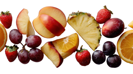 A vibrant and colorful assortment of fresh fruits, including strawberries, oranges, plums, pineapples, and peaches, arranged in a visually appealing border pattern isolated on transparent background