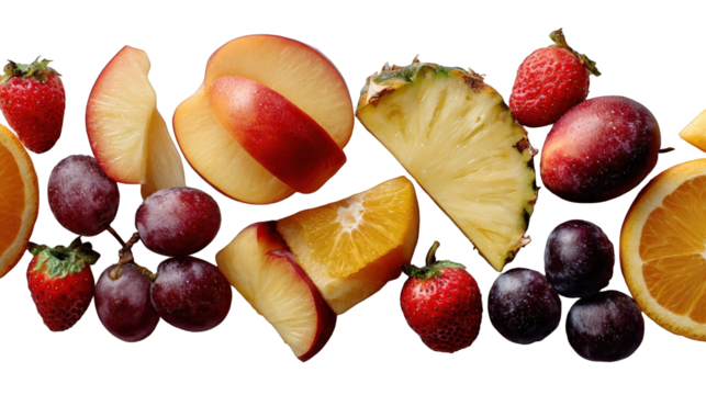 A vibrant and colorful assortment of fresh fruits, including strawberries, oranges, plums, pineapples, and peaches, arranged in a visually appealing border pattern isolated on transparent background