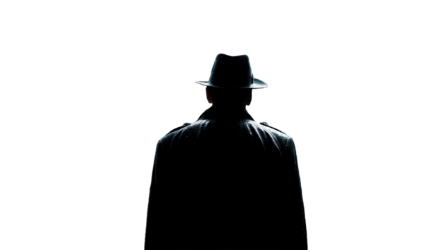 Mysterious figure in a hat against a transparent background
