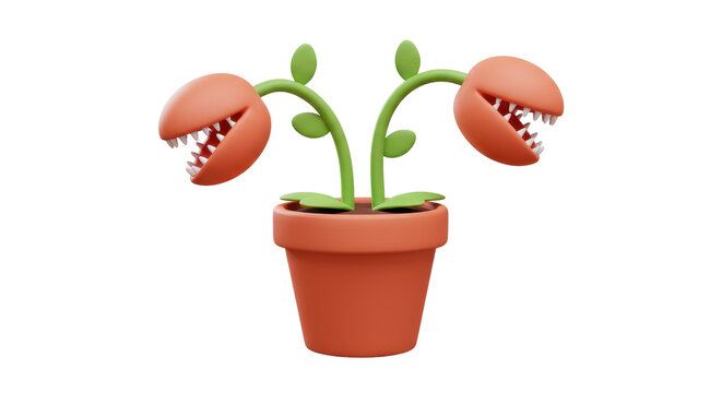 Isolated Playful Potted Venus Flytrap with Open Mouths and Sharp Teeth on White Background